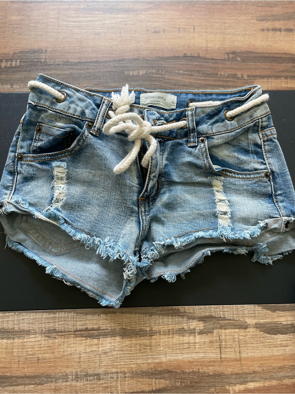 Ocean Drive Light Blue Distressed Rope-Tie Denim Shorts